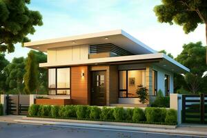 Beautiful modern house exterior with carport. Modern residential district and minimalist building concept by AI Generated photo