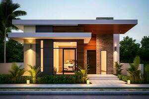 Beautiful modern house exterior with carport. Modern residential district and minimalist building concept by AI Generated photo