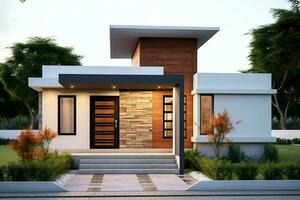 Beautiful modern house exterior with carport. Modern residential district and minimalist building concept by AI Generated photo