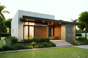 Beautiful modern house exterior with carport. Modern residential district and minimalist building concept by AI Generated photo