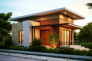 Beautiful modern house exterior with carport. Modern residential district and minimalist building concept by AI Generated photo