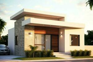 Beautiful modern house exterior with carport. Modern residential district and minimalist building concept by AI Generated photo