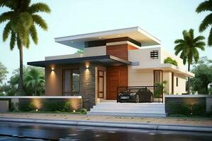 Beautiful modern house exterior with carport. Modern residential district and minimalist building concept by AI Generated photo