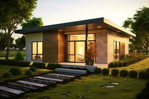 Beautiful modern house exterior with carport. Modern residential district and minimalist building concept by AI Generated photo