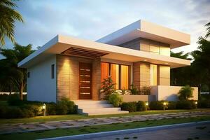 Beautiful modern house exterior with carport. Modern residential district and minimalist building concept by AI Generated photo