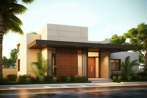 Beautiful modern house exterior with carport. Modern residential district and minimalist building concept by AI Generated photo