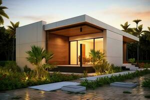 Beautiful modern house exterior with carport. Modern residential district and minimalist building concept by AI Generated photo