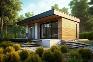 Beautiful modern house exterior with carport. Modern residential district and minimalist building concept by AI Generated photo