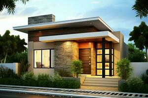 Beautiful modern house exterior with carport. Modern residential district and minimalist building concept by AI Generated photo