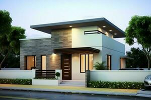 Beautiful modern house exterior with carport. Modern residential district and minimalist building concept by AI Generated photo