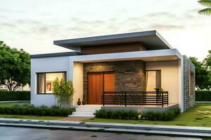 Beautiful modern house exterior with carport. Modern residential district and minimalist building concept by AI Generated photo