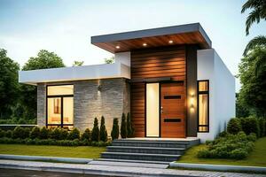 Beautiful modern house exterior with carport. Modern residential district and minimalist building concept by AI Generated photo