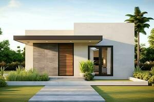 Beautiful modern house exterior with carport. Modern residential district and minimalist building concept by AI Generated photo