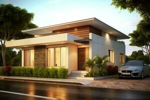 Beautiful modern house exterior with carport. Modern residential district and minimalist building concept by AI Generated photo