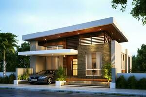 Beautiful modern house exterior with carport. Modern residential district and minimalist building concept by AI Generated photo