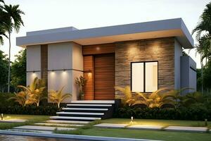 Beautiful modern house exterior with carport. Modern residential district and minimalist building concept by AI Generated photo