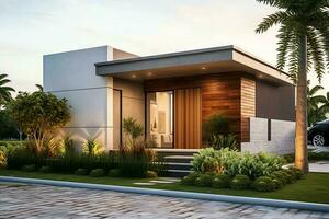 Beautiful modern house exterior with carport. Modern residential district and minimalist building concept by AI Generated photo