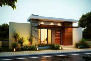 Beautiful modern house exterior with carport. Modern residential district and minimalist building concept by AI Generated photo