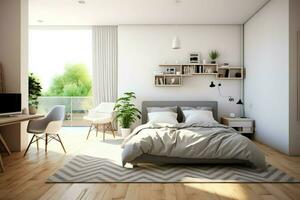 moderno dormitorio interior diseño en Departamento o casa con mueble. lujo dormitorio escandinavo concepto por ai generado foto