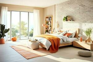 Modern bedroom interior design in apartment or house with furniture. Luxury bedroom scandinavian concept by AI Generated photo