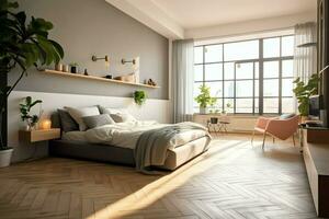 Modern bedroom interior design in apartment or house with furniture. Luxury bedroom scandinavian concept by AI Generated photo