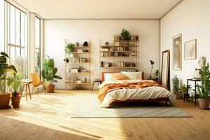 Modern bedroom interior design in apartment or house with furniture. Luxury bedroom scandinavian concept by AI Generated photo