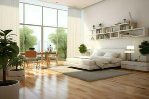 Modern bedroom interior design in apartment or house with furniture. Luxury bedroom scandinavian concept by AI Generated photo