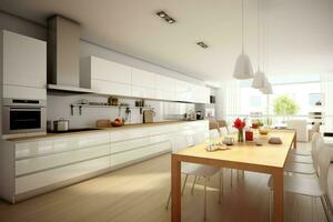 Modern kitchen interior design in apartment or house with furniture. Luxury kitchen home scandinavian concept by AI Generated photo