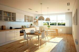 Modern kitchen interior design in apartment or house with furniture. Luxury kitchen home scandinavian concept by AI Generated photo