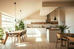 Modern kitchen interior design in apartment or house with furniture. Luxury kitchen home scandinavian concept by AI Generated photo