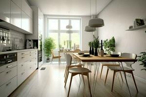 Modern kitchen interior design in apartment or house with furniture. Luxury kitchen home scandinavian concept by AI Generated photo