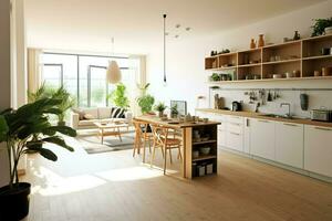 Modern kitchen interior design in apartment or house with furniture. Luxury kitchen home scandinavian concept by AI Generated photo