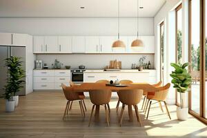 Modern kitchen interior design in apartment or house with furniture. Luxury kitchen home scandinavian concept by AI Generated photo