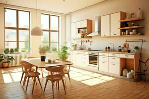 Modern kitchen interior design in apartment or house with furniture. Luxury kitchen home scandinavian concept by AI Generated photo