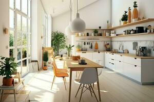 Modern kitchen interior design in apartment or house with furniture. Luxury kitchen home scandinavian concept by AI Generated photo