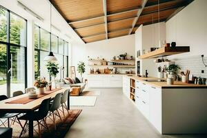 Modern kitchen interior design in apartment or house with furniture. Luxury kitchen home scandinavian concept by AI Generated photo