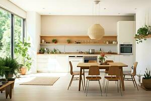 Modern kitchen interior design in apartment or house with furniture. Luxury kitchen home scandinavian concept by AI Generated photo