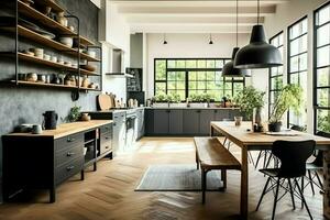 Modern kitchen interior design in apartment or house with furniture. Luxury kitchen home scandinavian concept by AI Generated photo