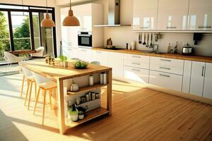 Modern kitchen interior design in apartment or house with furniture. Luxury kitchen home scandinavian concept by AI Generated photo