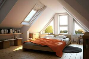 Modern dormer loft conversion interior design in apartment or house at UK. Luxury triangle attic room concept by AI Generated photo