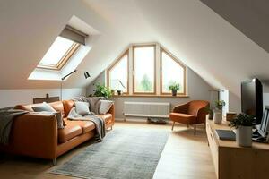 Modern dormer loft conversion interior design in apartment or house at UK. Luxury triangle attic room concept by AI Generated photo