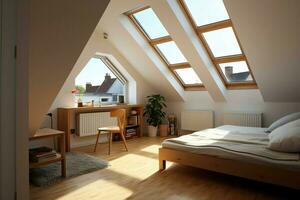 Modern dormer loft conversion interior design in apartment or house at UK. Luxury triangle attic room concept by AI Generated photo