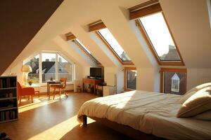 Modern dormer loft conversion interior design in apartment or house at UK. Luxury triangle attic room concept by AI Generated photo