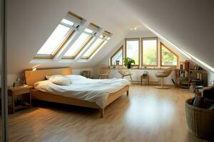 Modern dormer loft conversion interior design in apartment or house at UK. Luxury triangle attic room concept by AI Generated photo