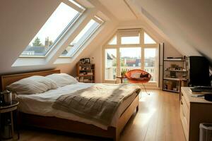 Modern dormer loft conversion interior design in apartment or house at UK. Luxury triangle attic room concept by AI Generated photo