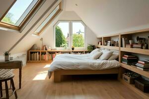 Modern dormer loft conversion interior design in apartment or house at UK. Luxury triangle attic room concept by AI Generated photo