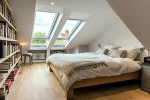 Modern dormer loft conversion interior design in apartment or house at UK. Luxury triangle attic room concept by AI Generated photo