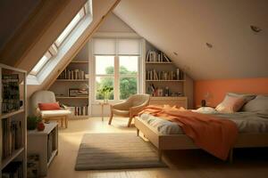 Modern dormer loft conversion interior design in apartment or house at UK. Luxury triangle attic room concept by AI Generated photo