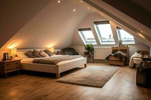 Modern dormer loft conversion interior design in apartment or house at UK. Luxury triangle attic room concept by AI Generated photo