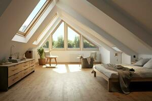 Modern dormer loft conversion interior design in apartment or house at UK. Luxury triangle attic room concept by AI Generated photo